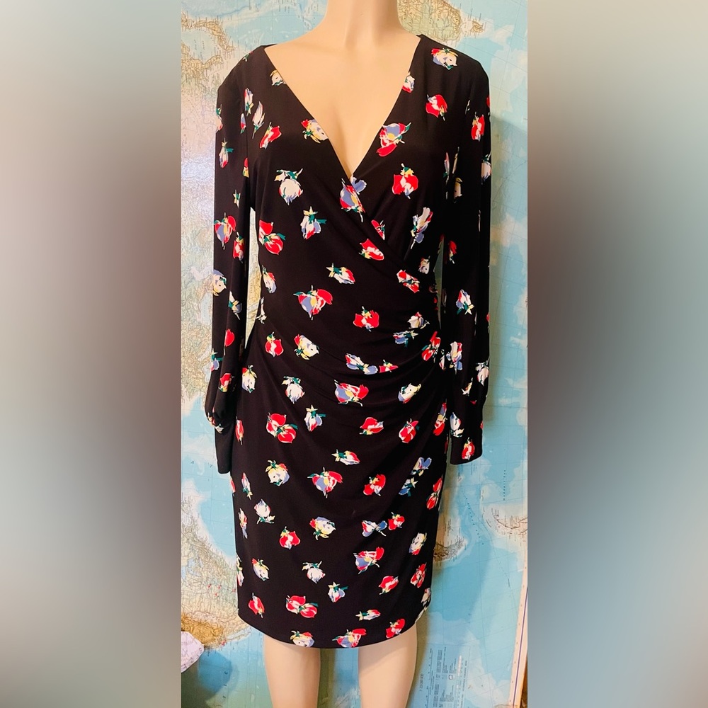 Ralph Lauren Black Floral Long Sleeve Wrap Sheath Dress Size 12
